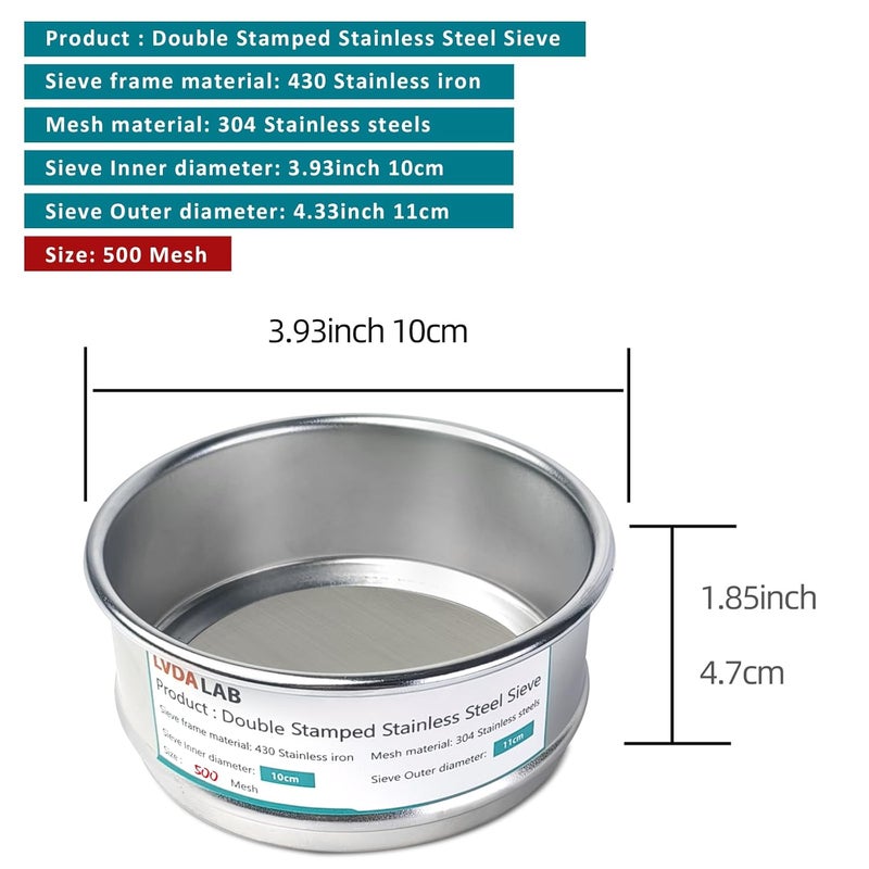 LVDALAB 304 Stainless Steel Mesh Lab Sieve, 500 Mesh (0.03mm) Aperture Test Sieve, 4inch(10cm) Economy Standard Analysis Sample Test Sieves for Industrial Laboratory Homes - Image 2